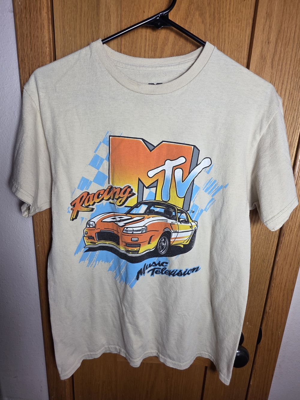 MTV Racing Graphic Tee in Cream with Orange & Blue Unisex Medium Size Y2K 90's